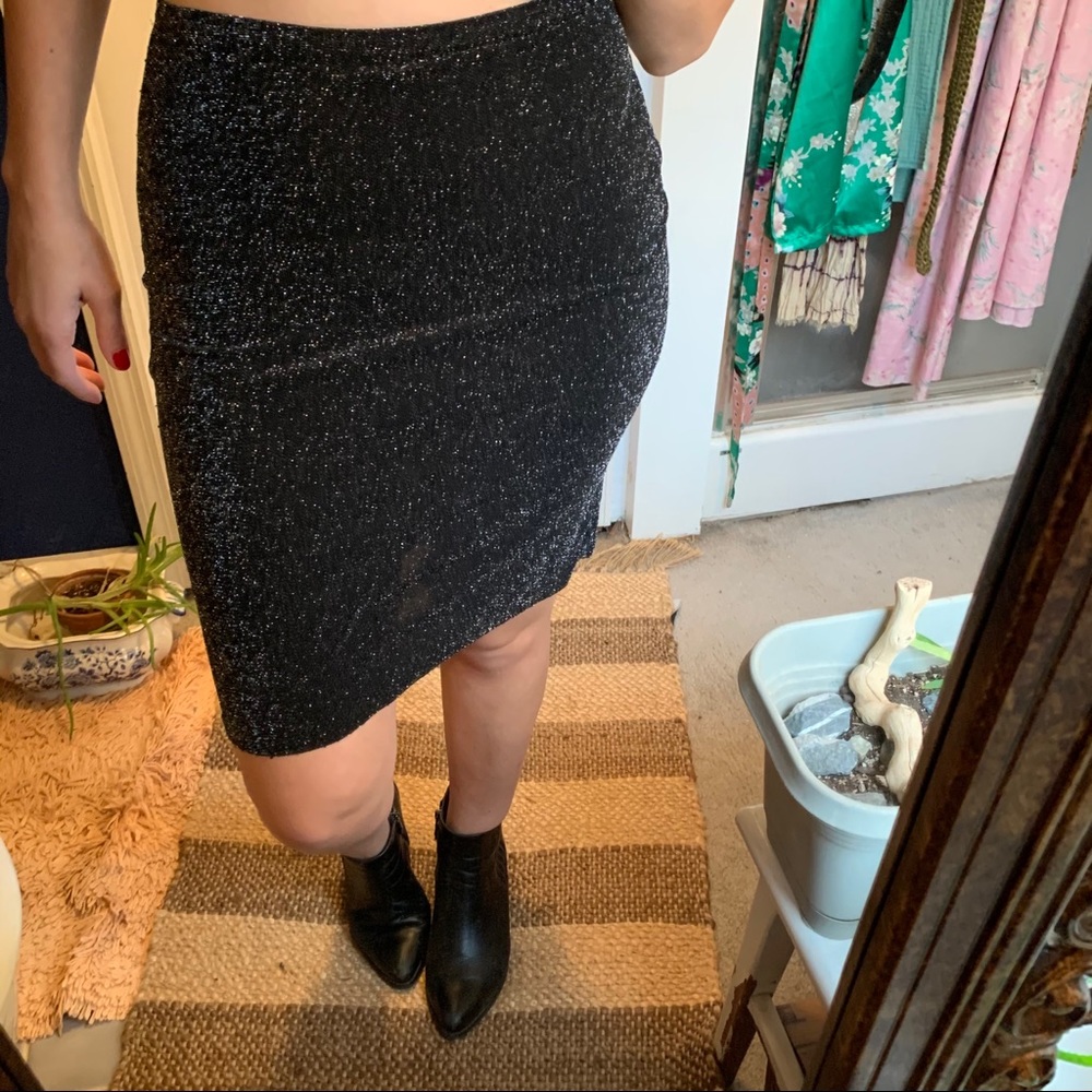 Vintage Metallic Silver Black Pencil Skirt Small